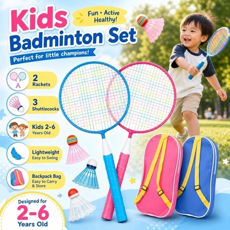 Kids Badminton Racket 2Pcs Set with 3 Balls Non-Slip Soft Grip Portable for Beginner Training Outdoor Beach Activities