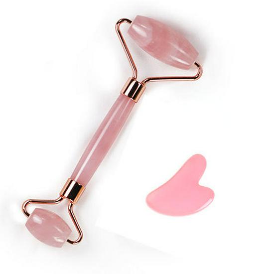 Rose Quartz Dual Roller & Heart-Shaped Resin Beauty Massager Set