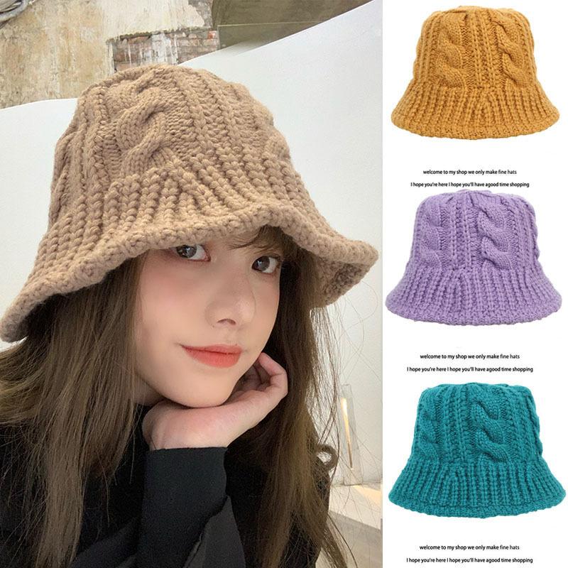 Black knitted hat is suitable for round face warm braided thick wool hat for women in autumn and winter