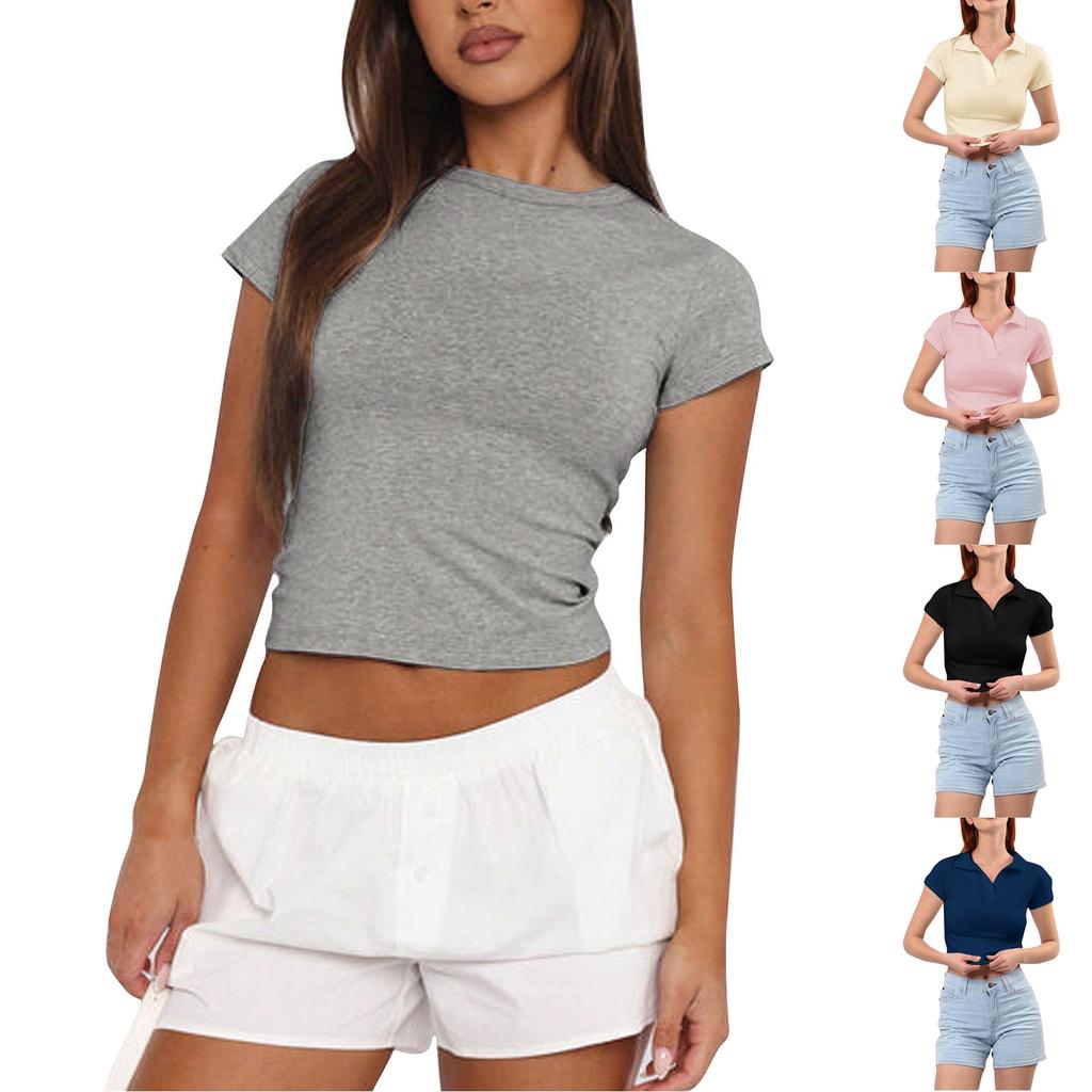 Damen Casual Slim Fit Stricktop mit offenem Nabel und kurzen Ärmeln