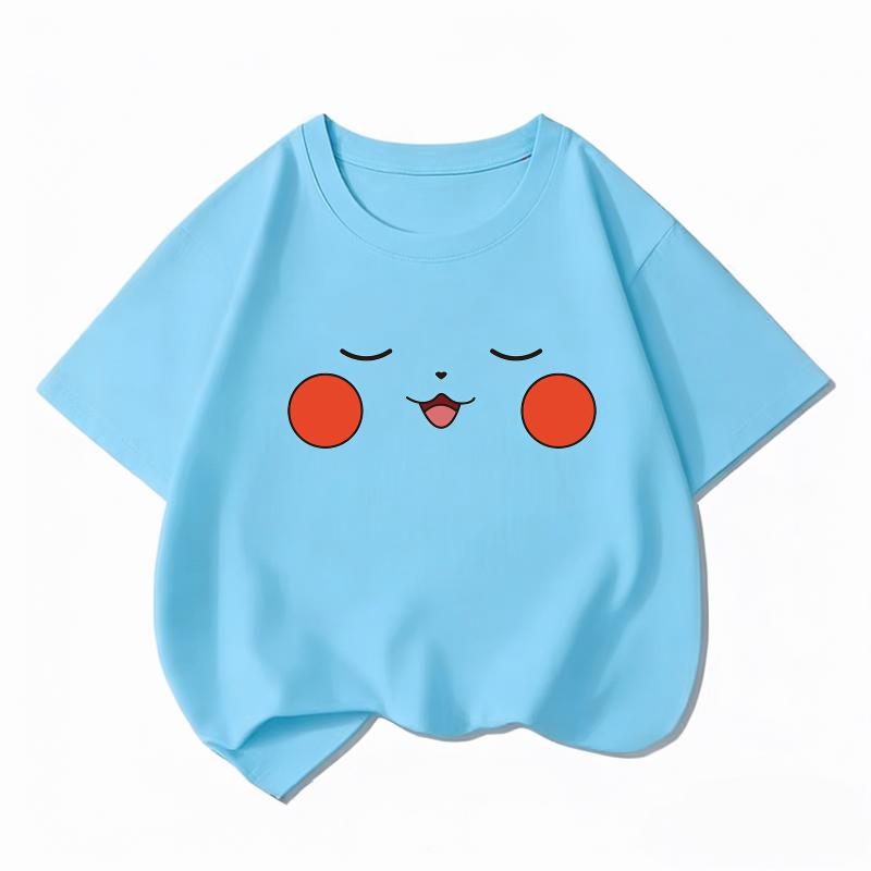 Potdemiel Kids Cotton Tshirt Cute Pikachu Face Print Summer Short Sleeve Breathable Crew Neck Boys Girls Casual Tops