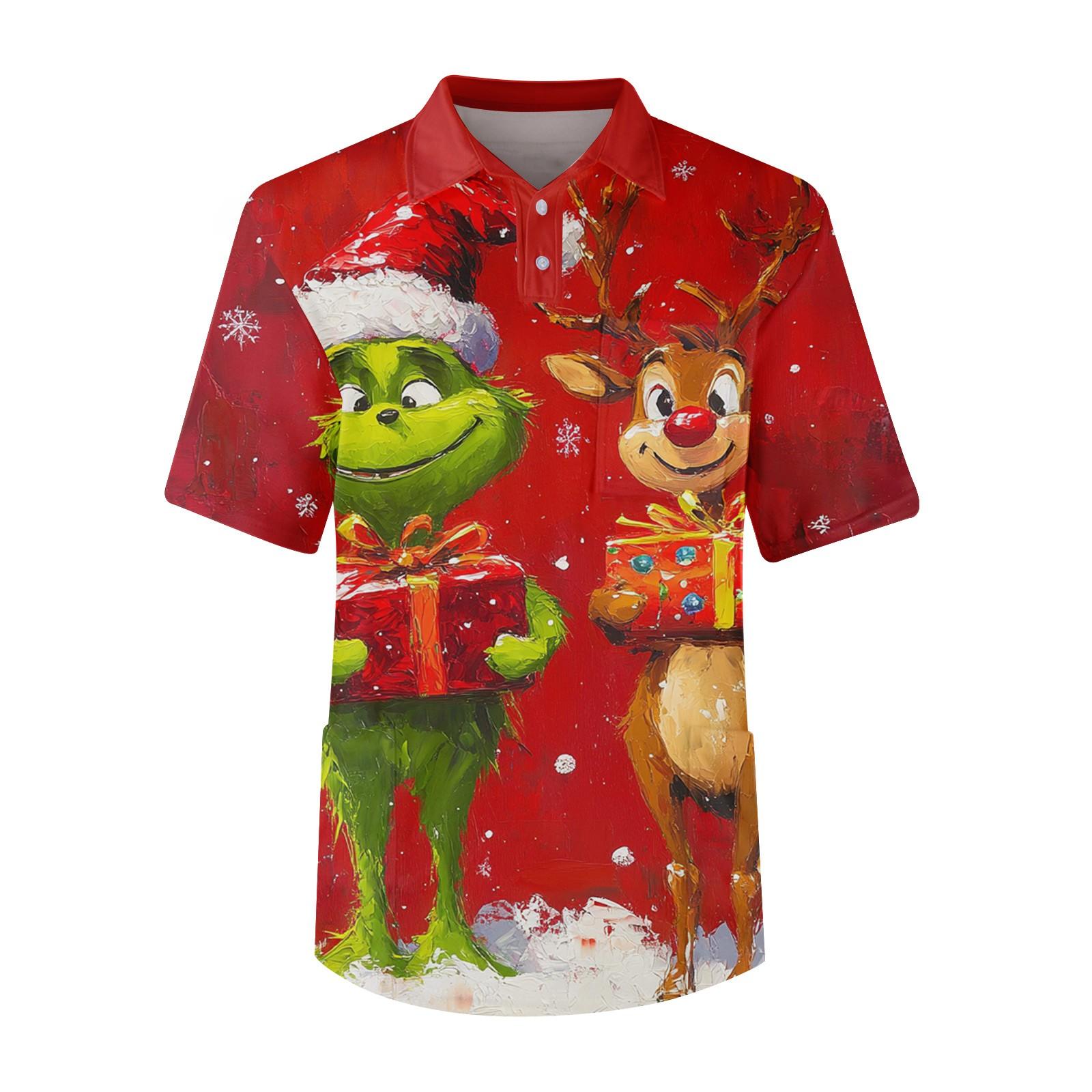 

Мужской топ с коротким рукавом, пуговицами, лацканами, рождественским принтом, нагрудным карманом, Dry-nurse XL арбуз красный