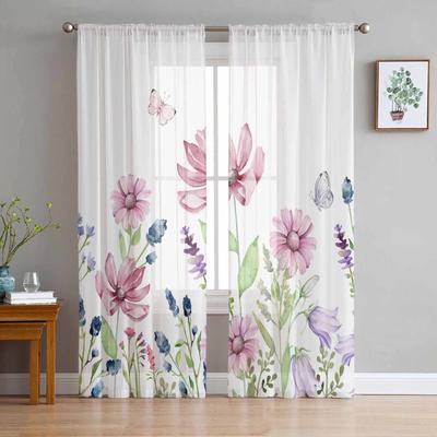 Plantas, flores, plantas, mariposas de verano, cortinas de gasa de tul para dormitorio, sala de estar, cortina de ventana, cortinas de Organza transparente
