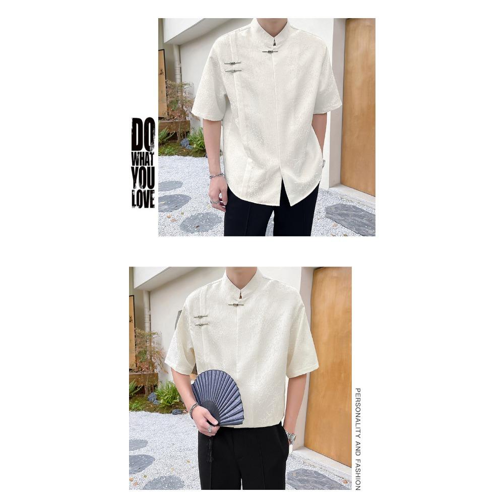 Summer New Chinese Style Jacquard Short Sleeved Shirt Men's New Loose Chinese Style Stand Up Collar Shirt