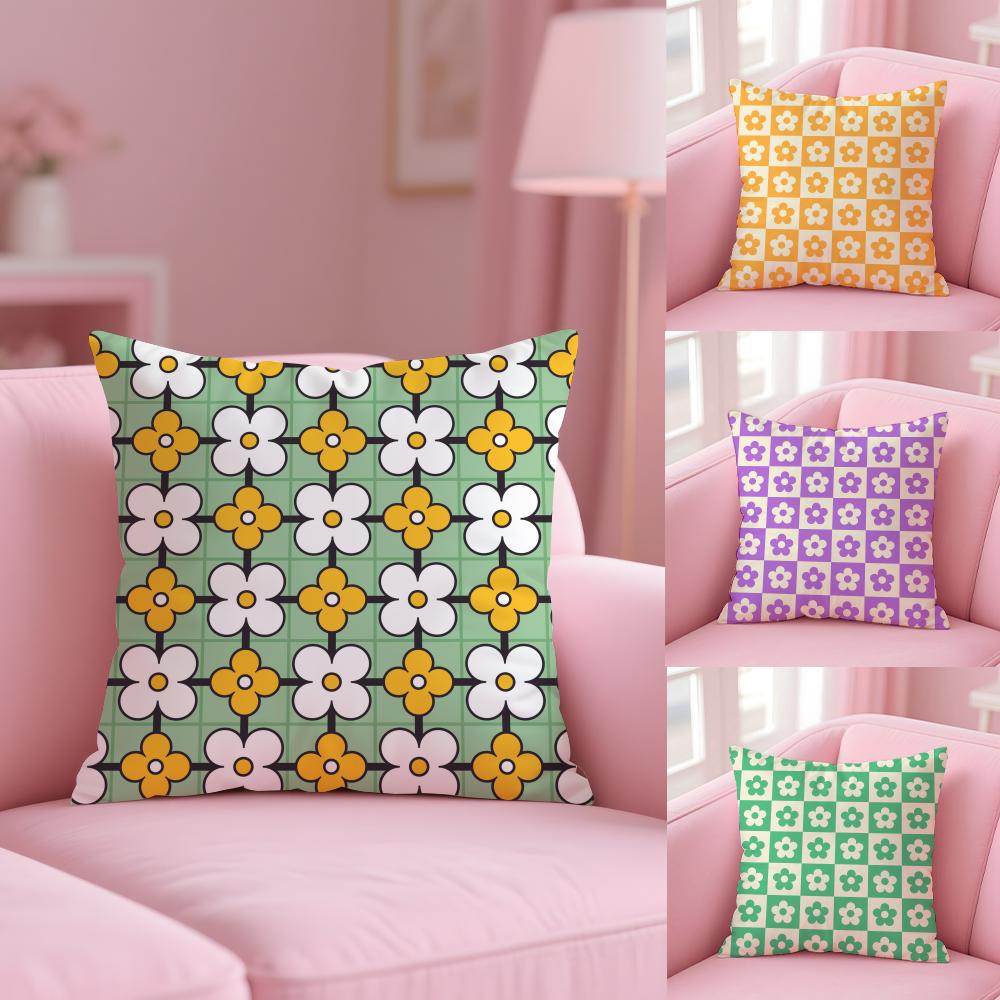 Checkered Flower Pattern Pillow Case Plush Fabric Soft Double-Sided Printed Sofa Warm Winter Home Gift Cushion Cover
