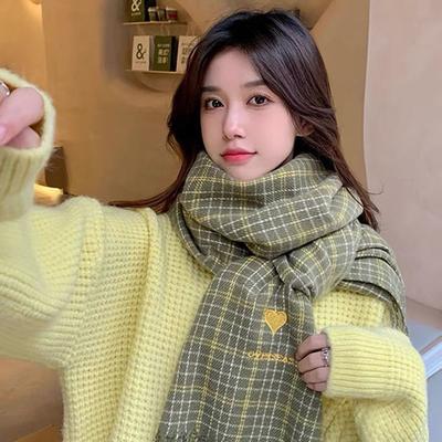 Female Love Heart Thickened Lattice Korean Style Shawls Knitted Shawls Plaid Scarves Grid Wraps