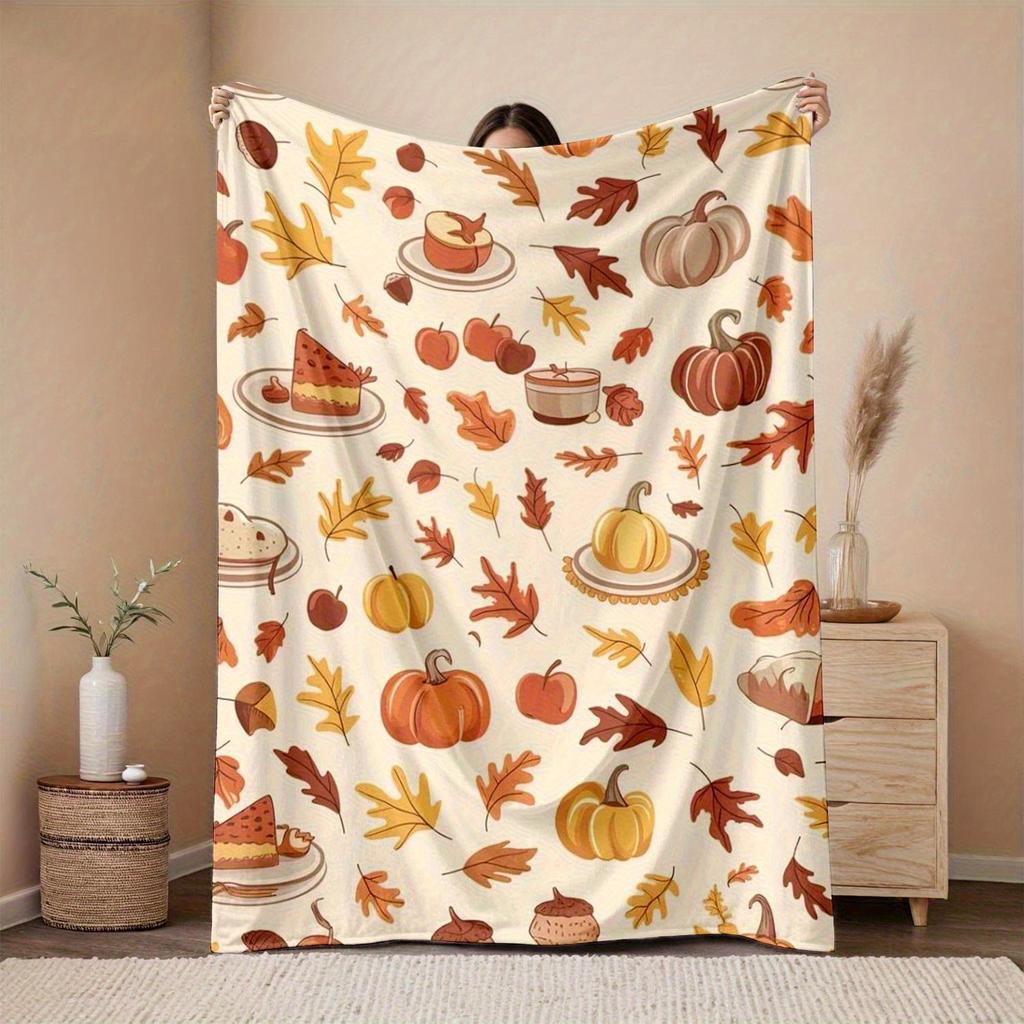 1pc Halloween Flannel Blanket - Soft 2D Pumpkin/Bat/Ghost Print | Bed/Sofa/Camping/Office | All-Season