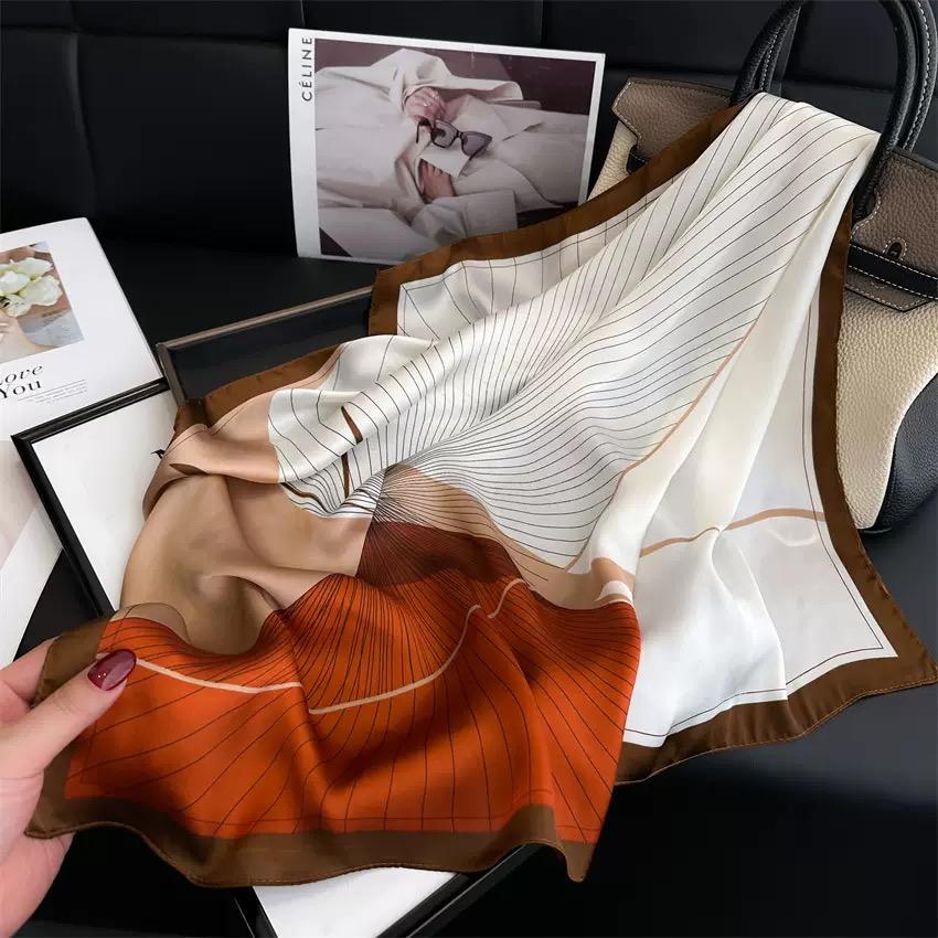 Luxury Stripe Print Silk Square Scarf Women Splicing Colors Soft Satin Hairband Neckerchief Hijab Headscarf Foulard Bag Ribbons