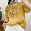 Summer Women's Round Neck Embroidered Cotton and Hemp T-shirt Short Sleeve Shirt Large Size Artistic Embroidered Casual Top