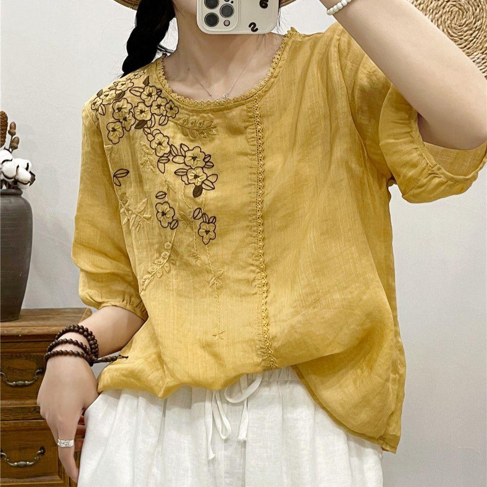 Summer Women's Round Neck Embroidered Cotton and Hemp T-shirt Short Sleeve Shirt Large Size Artistic Embroidered Casual Top