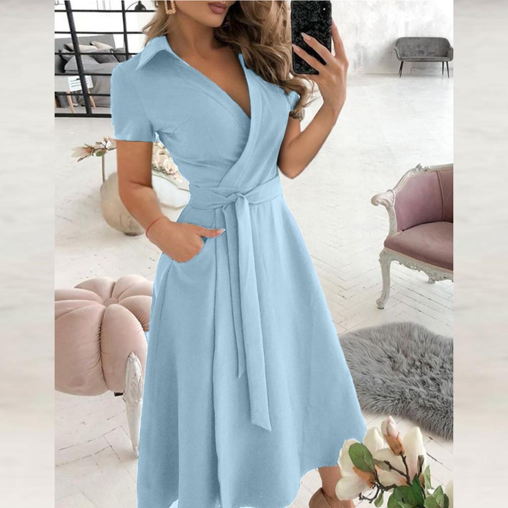 Mote kvinners fritidsjakke Ensfarget kortermede kjoler lange