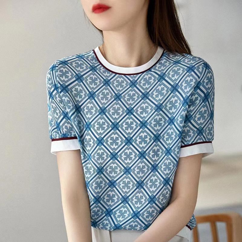 

Blue and White Porcelain Round Neck Combed Cotton Short-sleeved T-shirt In Summer New Loose and Versatile Fashion High-end Short-sleeved XXL синій
