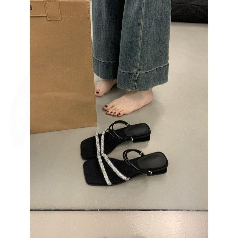 

French temperament rhinestone with open-toed slippers women s summer wear 2025 new two-way thick-heeled sandals 39 чёрный