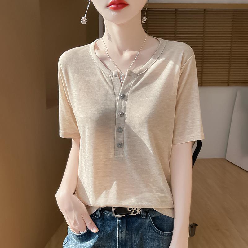 

Женская приталенная футболка с круглым вырезом и коротким рукавом 2025 - Летняя мода XL