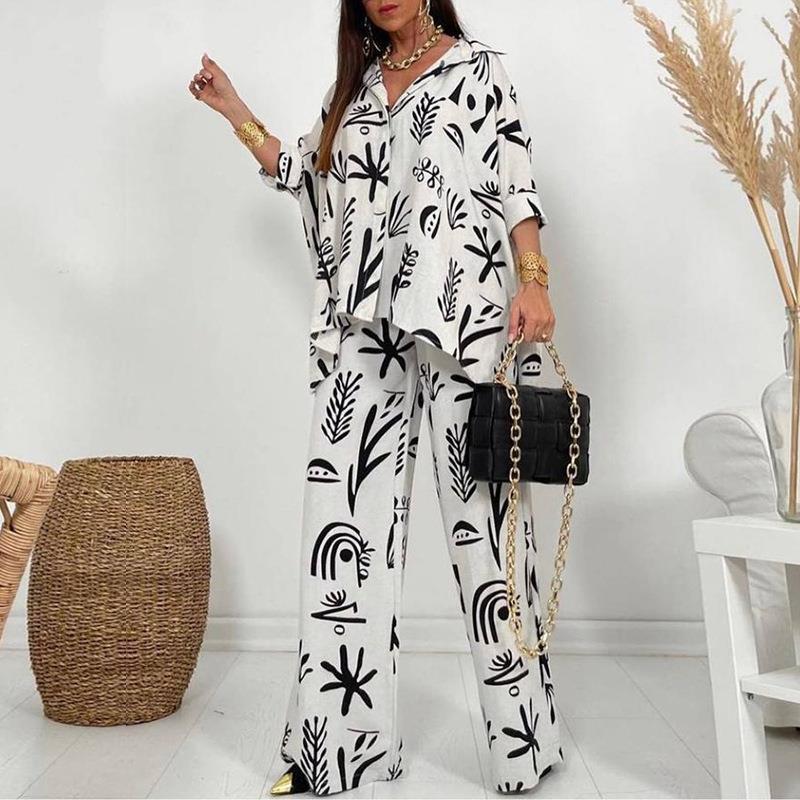 

Women s Printed Loose Shirt and Wide Leg Pants Set, Abstract Orange Floral Geometric Pattern, Casual Two Piece Outfit XL чорний