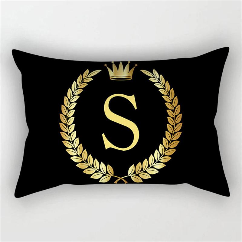 Gold Color Letter Cushion Cover 30x50cm Rectangle Pillow Case Crown Leaves Plant Polyester Black Sofa Pillow Cover Home Decor