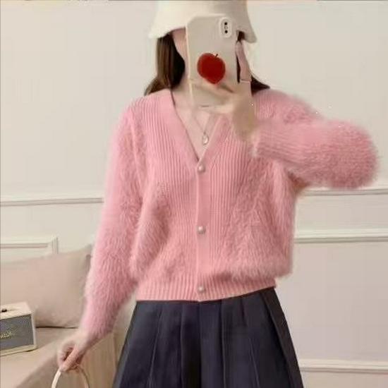 European Faux Mink Fur V-neck Knit Cardigan - Soft, Loose, and Plush for Autumn/Winter 2026
