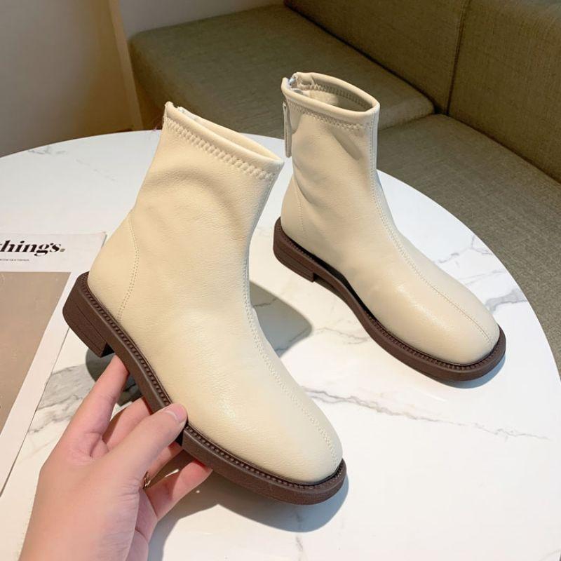 Botines blancos para mujer otoño e invierno nuevos botines individuales botas de cuero suave punta cuadrada botas finas zapatos planos