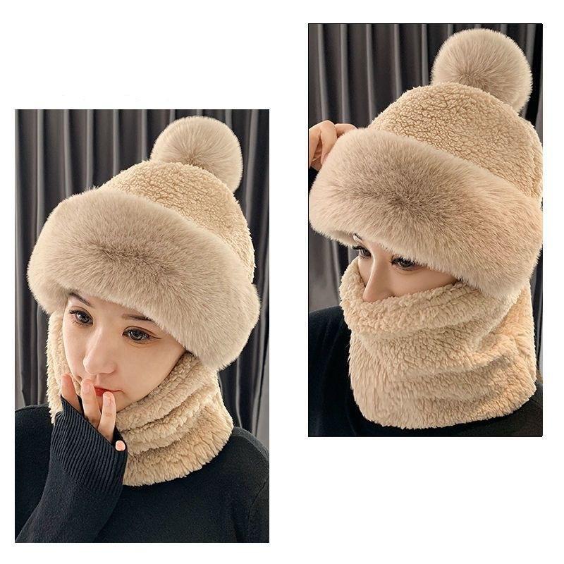 1Pcs Winter Knitted Hat Scarf Mask One-Piece Plush Pompom Beanies For Women Outdoor Cycling Cap Ears Neck Protection Skiing Cap