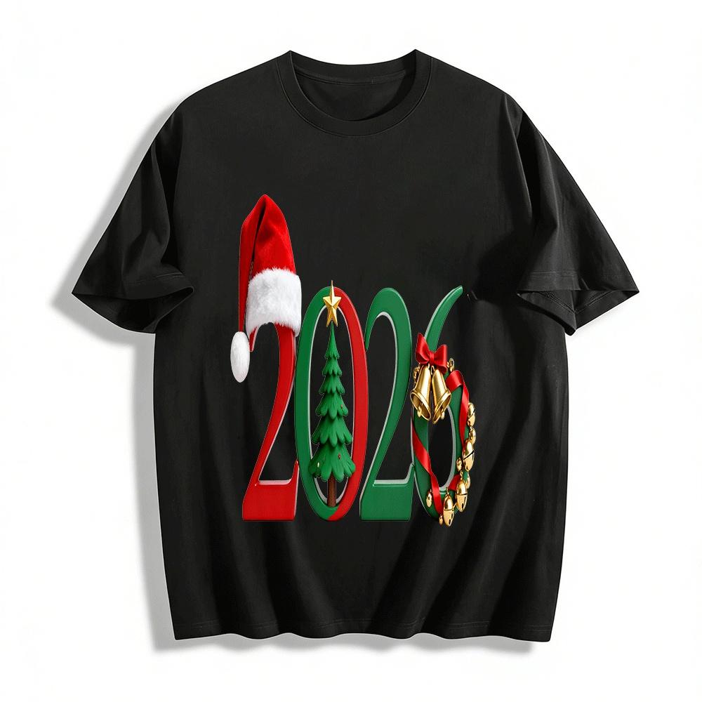 

2026 Christmas Themed Printed Top Festive Casual Base Shirt Pure cotton T-shirt 6XL
