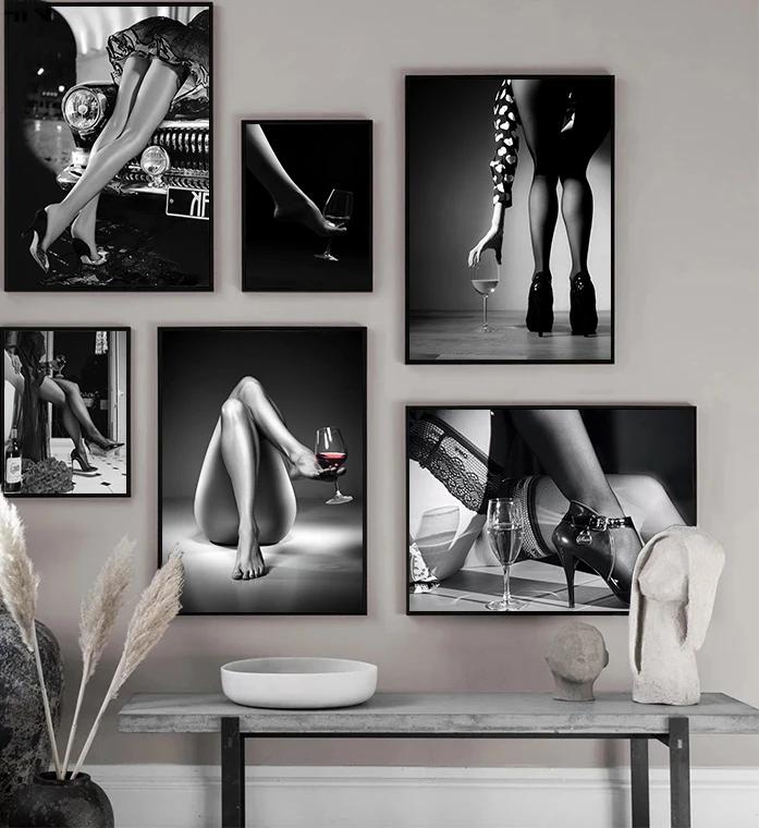 Black and White Retro Sexy Woman CanvasPainting Wine Car Silk Stockings Girls Print  Poster Flower Picture for Living Room Decor