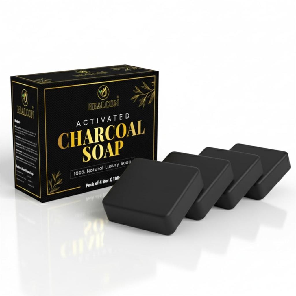 Activated Charcoal Soap for Deep Cleansing, 100% Natural Luxury Bar, Black, Pack of 4, 100g Each, BRALCON
