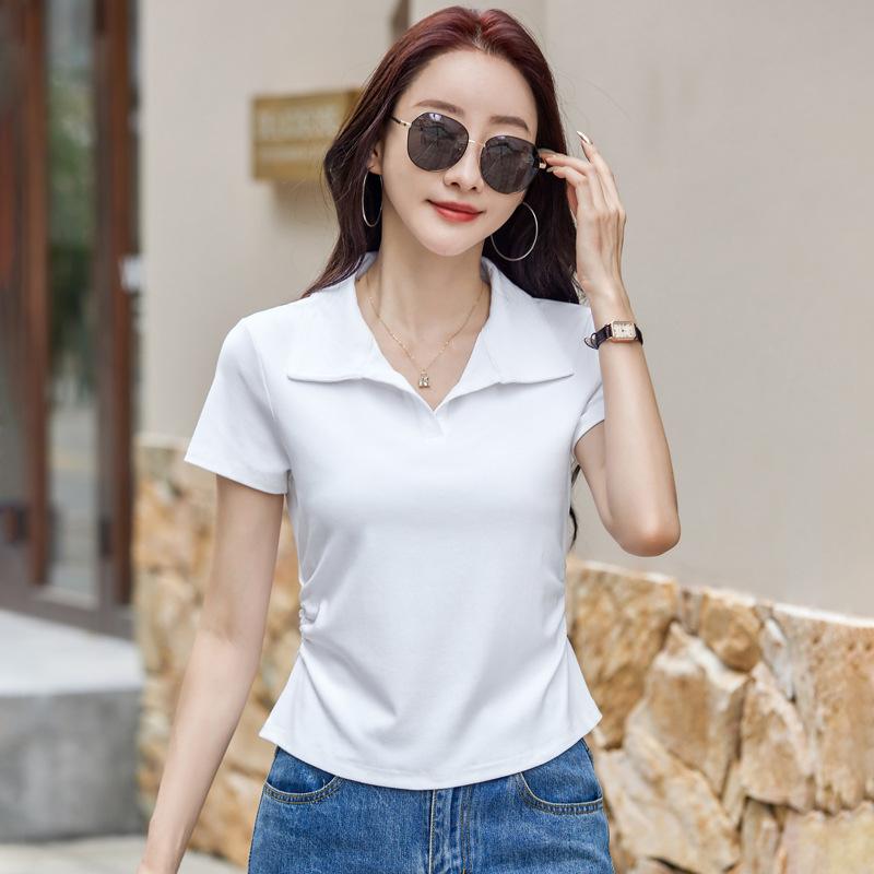 Turn-down Collar Short Sleeve T-shirt White Polo Shirt Women's Summer New Style Elegant Top Solid Color Casual T-shirt