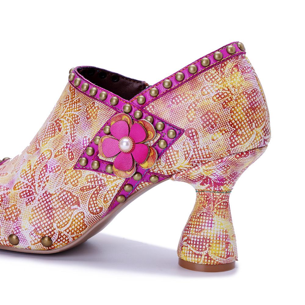 Johnature Pantofi cu toc înalt cu nituri, cu imprimeu retro, cu aplicații din piele naturală, pentru femei