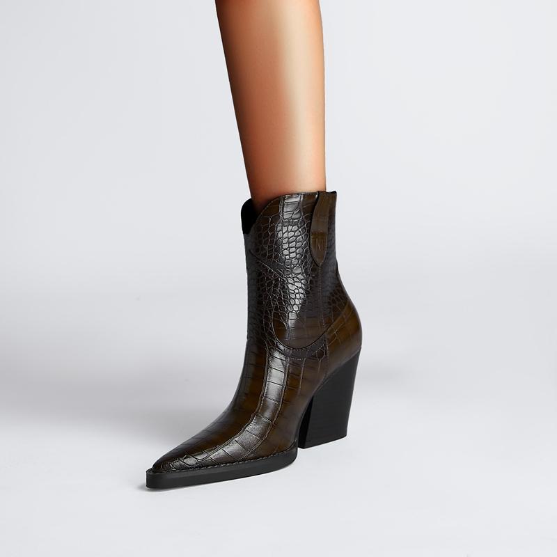 Fashion Kaky's New Pointed Stone Pattern Thick High Heels Large Women's Boots Western Boots Short Boots