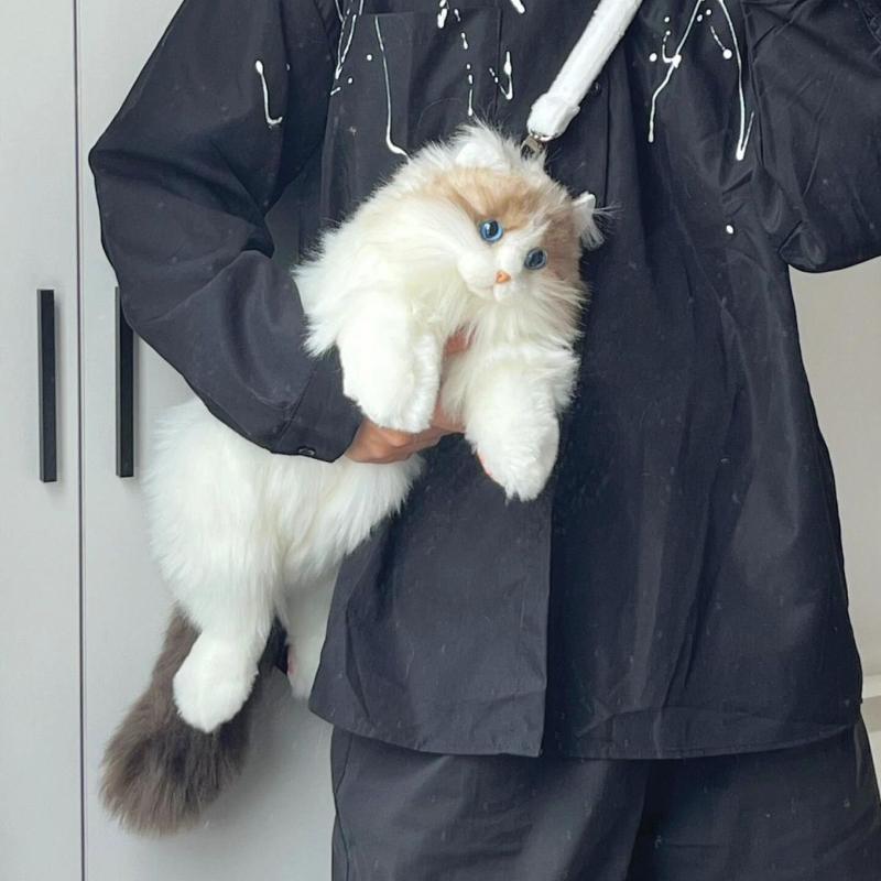 Superrealistischer Drei-Blumen-Katzen-Rucksack, rein handgefertigt, niedliche Katzen-Plüschpuppe, Einkaufstasche, Reiseaufbewahrung, Make-up-Tasche, Geburtstagsgeschenk