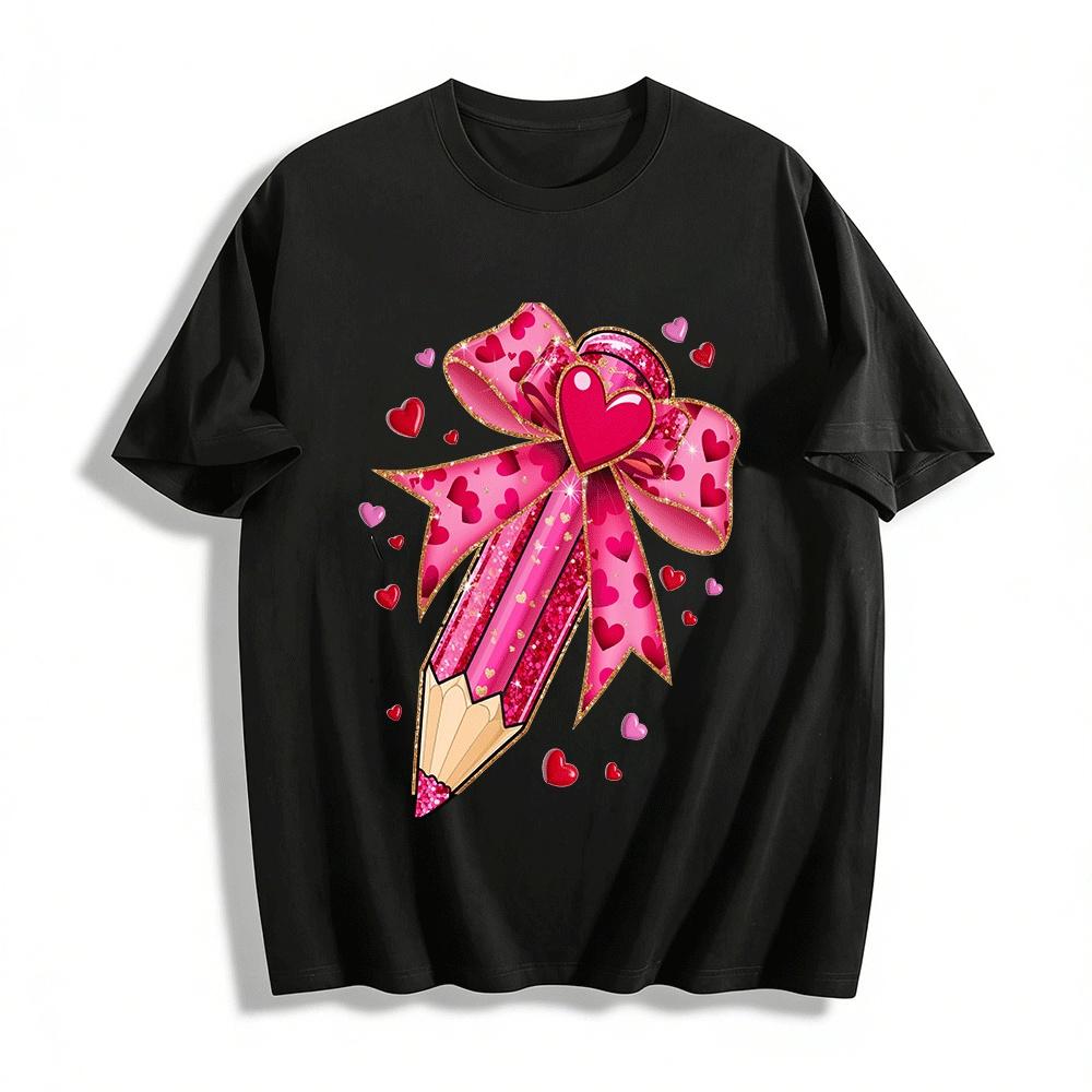 Love Bow Pencil Print Sweet Style Girls Casual Short Sleeve T-Shirt Pure cotton T-shirt XXS
