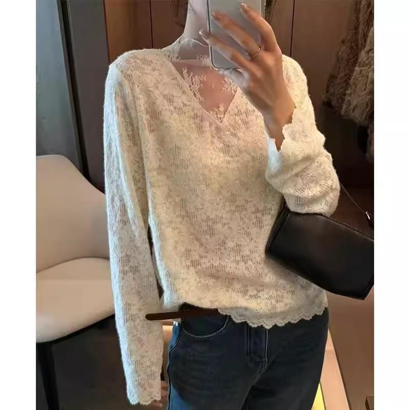 Women's Lace Long Sleeve Spring Layering Top - 2026 Korean Style Fashion