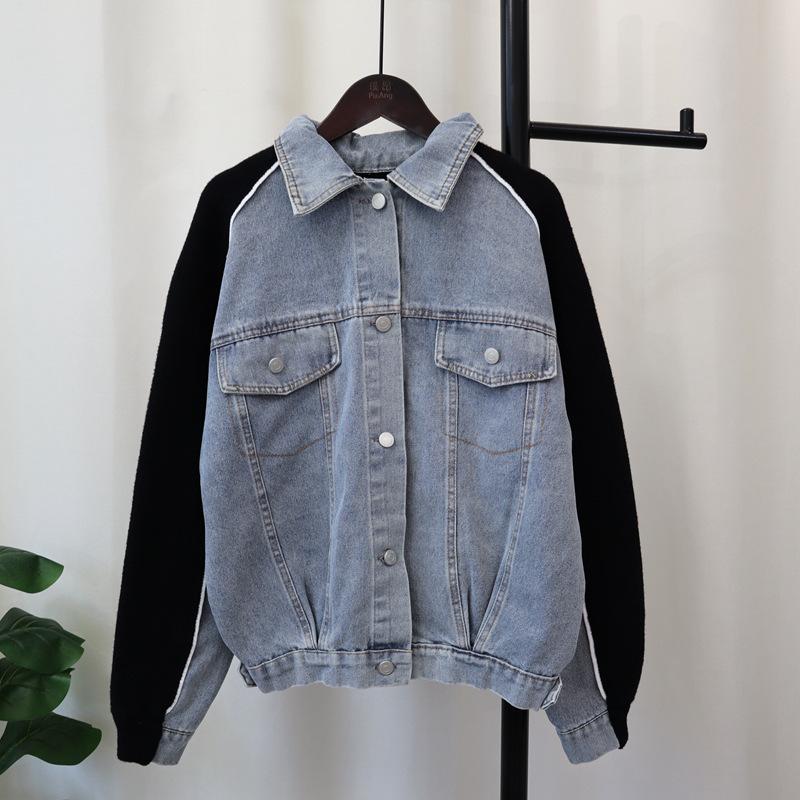 

Осень и зима новое дизайнерское сращивание денима и трикотажа двусторонний кардиган свободный и тонкий свитер-жакет женский One size