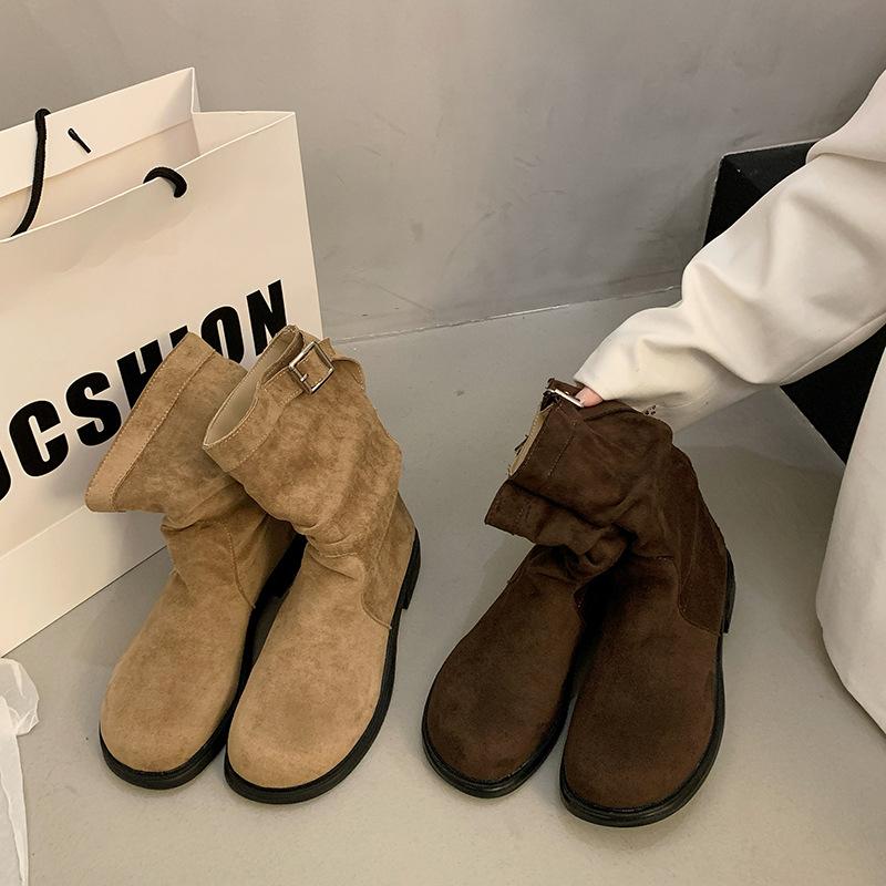 Medium tube short boots women's 2025 autumn and winter new versatile retro knight stacking boots flat-bottomed sleeve suede Martin boots