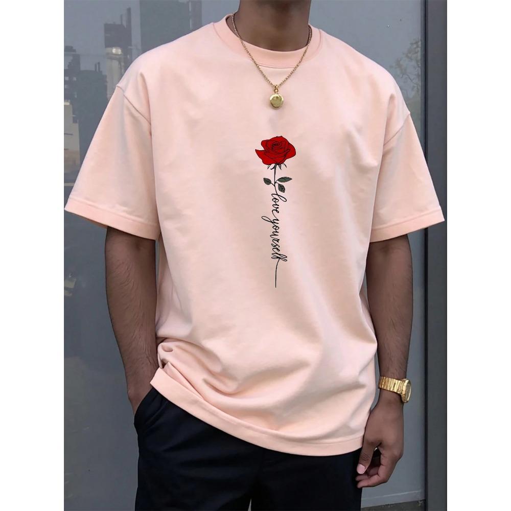 Men's summer fashionable casual sports loose red rose pattern printed round neck short sleeved T-shirt top