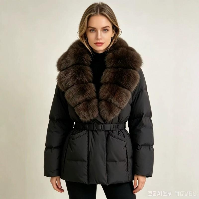 Womens Mid-Length Puffer Coat With Faux Fur Collar Slim Fit Warm Winter Outerwear