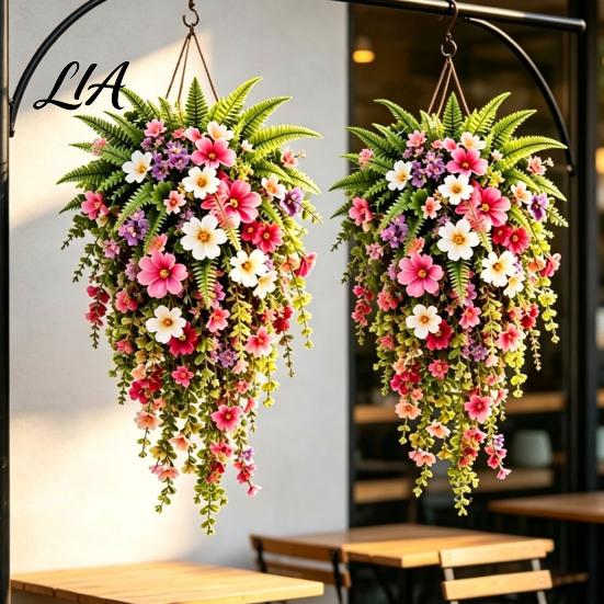 Indoor Garden Landscaping Decor Artificial Hanging Flowers Basket, Fake Morning Star Floral Vine Garland, Natural Charm Window Display Faux Plant for