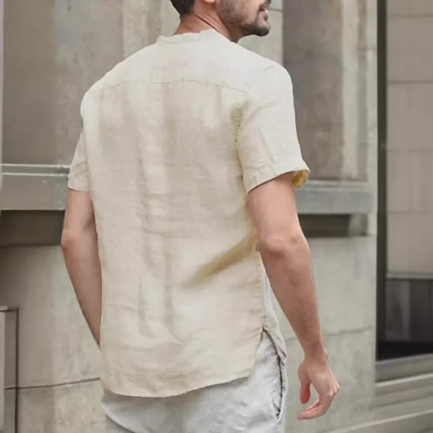 European and American Summer Men's Solid Color Short-Sleeve Stand Collar Casual Shirt for Teens, Large Size