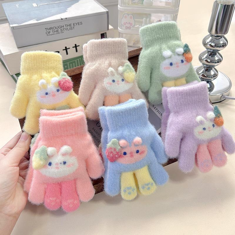 Grass plum rabbit children's gloves baby full finger thickened warm year old full finger child finger cover new gloves