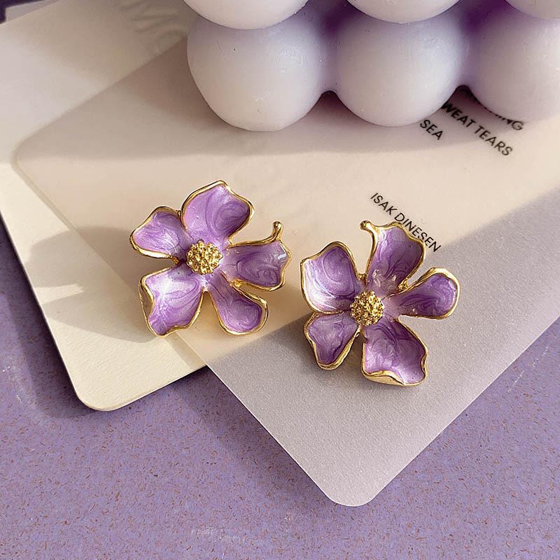 Purple Enamel Flower Women's Dangle Earrings Irregular Petals Unusual Small Earrings for Female Bohemian Elegant Fashion Jewelry