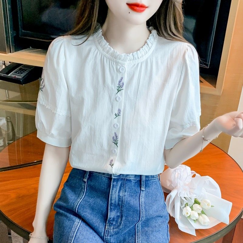 New Summer Women's Fashion Age-reducing Embroidered Cotton Shirt for Women's Fashionable Cotton Puff Sleeve Loose Top