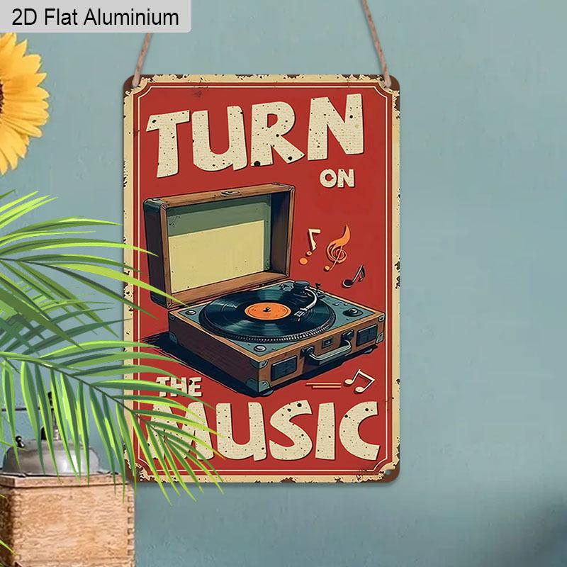 2D Flat 1pc Vintage Music Inspired Aluminium Wall Art Sign Turn on The Music 8x12 Inch Aluminium Rustic Home Bar Decor Music Studio Wall