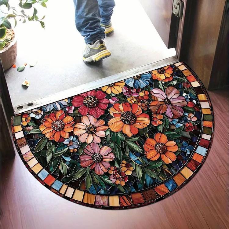 Tapis de sol antidérapant en mosaïque semi-circulaire Patchwork floral géométrique vintage Entrée de patio Porche Balcon Zone à fort trafic