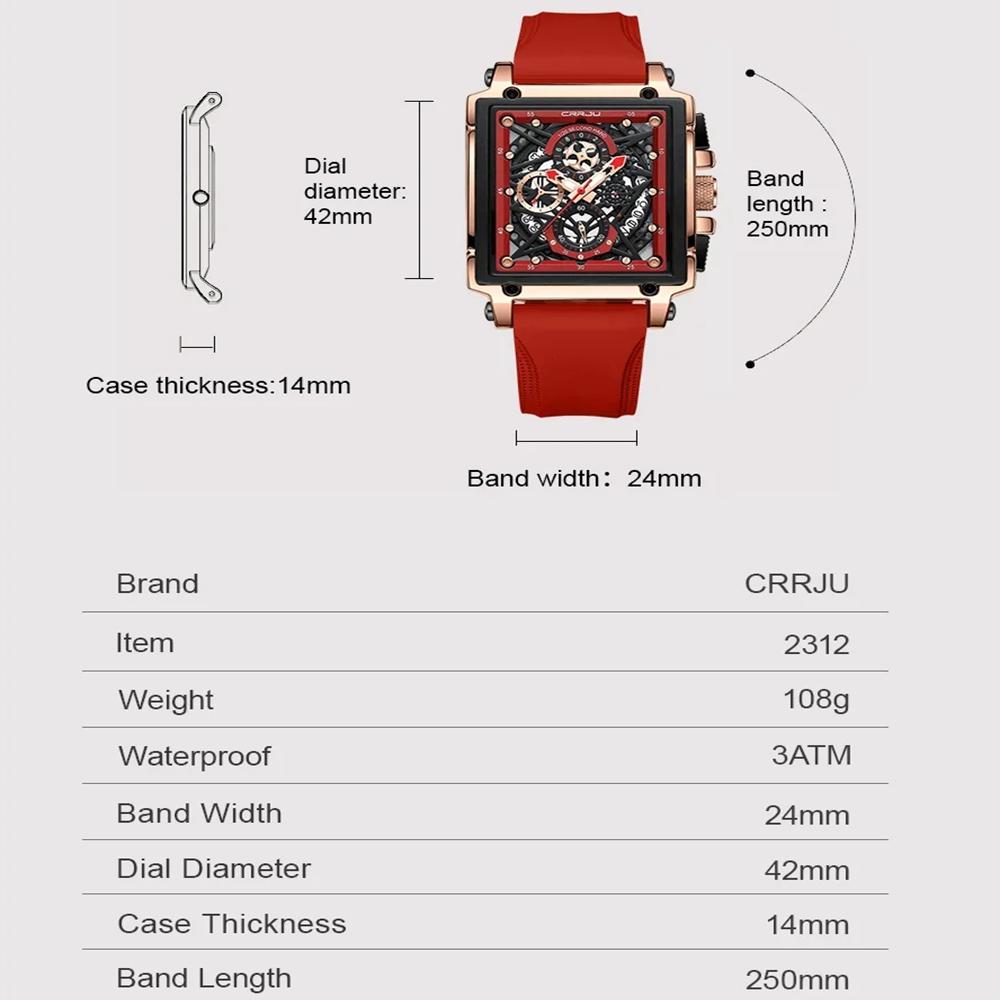 Men's Sports Chronograph Wrist Watch For Men Army Silicone Strap Square Quartz Stop Watch