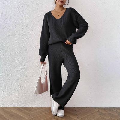 Ensemble Tricot Laine Mode Décontractée Femme Haut Ample Col V + Pantalon Droit Jambe Large Couleur Unie Pull Ensemble Deux Pièces