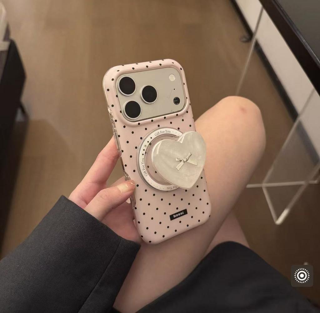 Ins Cute Pink Polka Dot Love Magnetic Suction Bracket Is Suitable for iPhone17promax Apple 16 Pro Mobile Phone Case 15.