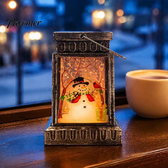 Warm LED Lantern Retro Christmas Night Light, Hand Painted Miniature Fairy Tale for Cozy Living Room Light Holiday Home Decor, Plastic Decorative Lamp