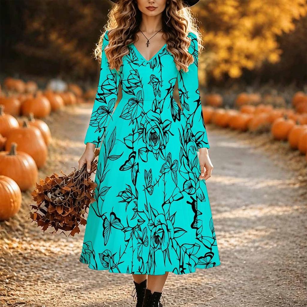 Halloween Women's Stripes Print Midi Dress A Line Dress Vacation Casual Daily Regular Fit Long Sleeve V Neck Black Spring Fall