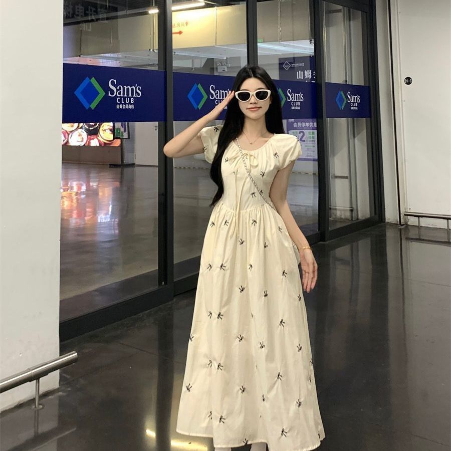Summer printing French sweet bow bubble dress women's new temperament waist thin floral dress