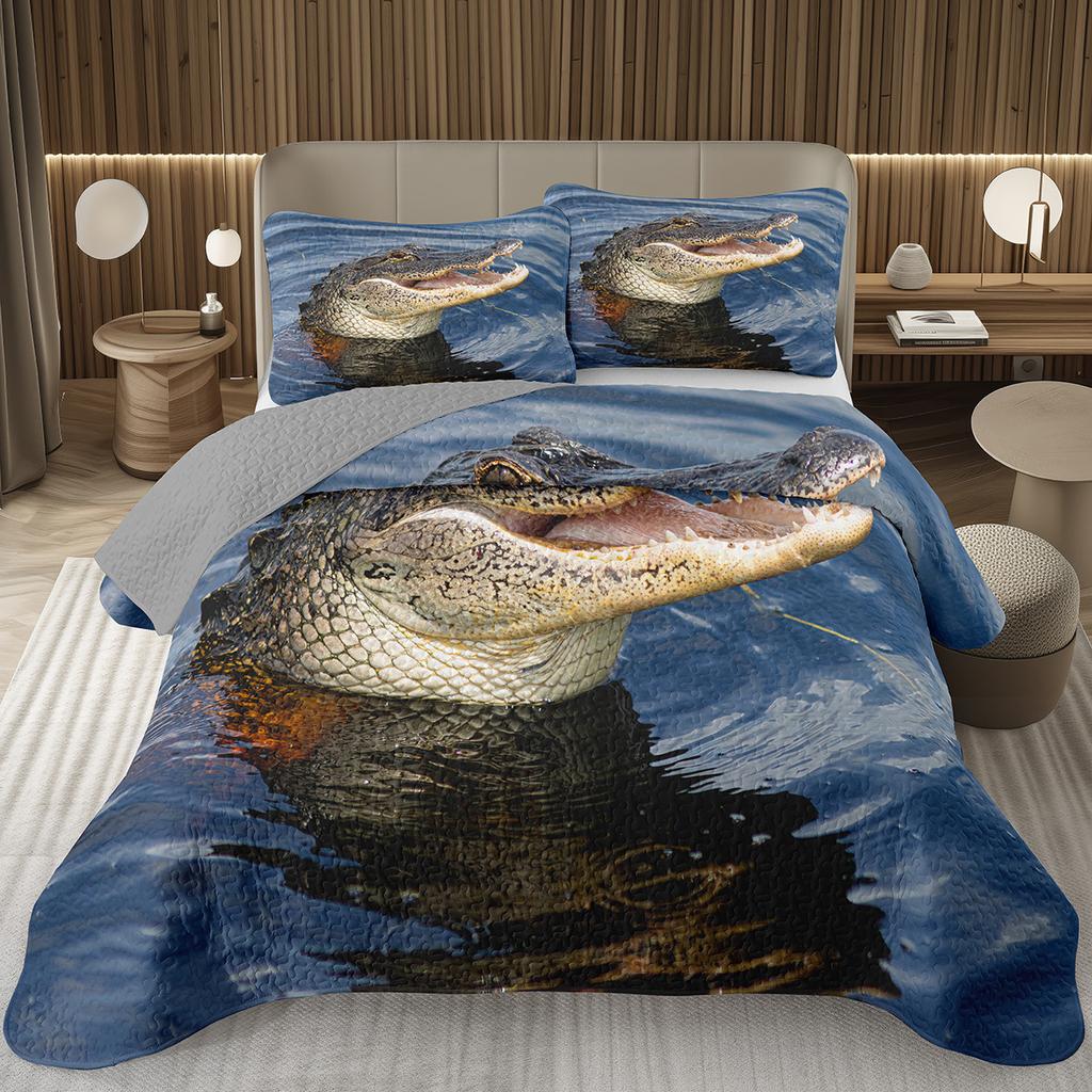 Teens Krokodil Tagesdecke Alligator Muster Tagesdecke Set Full Queen Größe Wildtier Gestepptes Bettwäscheset für Kinder Jungen Mädchen